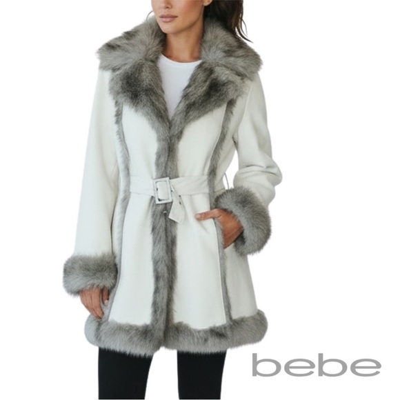 BEBE suede and faux fur trimmed belted Jacket SZ M - Picture 6 of 16